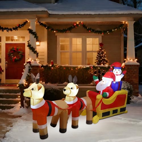 Cllayees 8ft Santa Claus & Snowman on Sleigh with Reindeers, LED Xmas Blow Up outdoor Inflatable