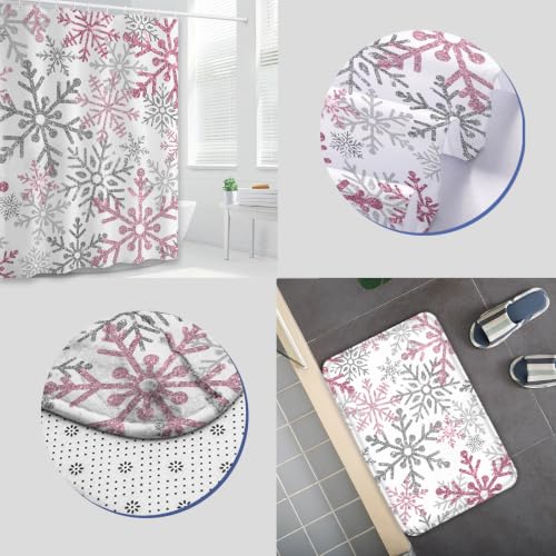 Yilinata Snowflake Pink Shower Curtain Set 4 Pcs Christmas Bathroom Decor