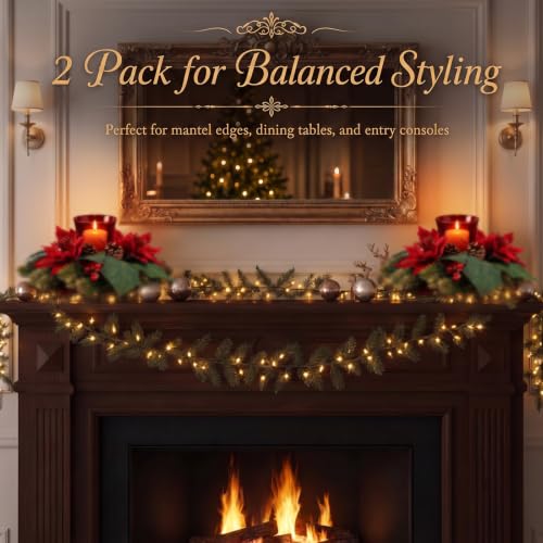 Faux Poinsettia Berry and Red Glass Candle Holders - 17.5" Christmas Centerpieces, 2 Pack