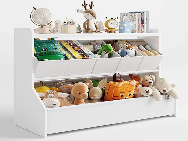 Kids Wooden Toy Storage Organizer with Bookshelf and Removable Bins