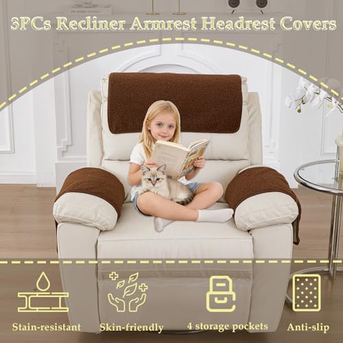 Armrest Covers Set of 3 - Non-Slip Recliner Protector with Pockets