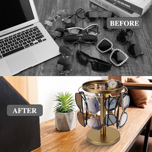 360° Rotating Sunglasses Organizer Stand with Jewelry Tray - Gold