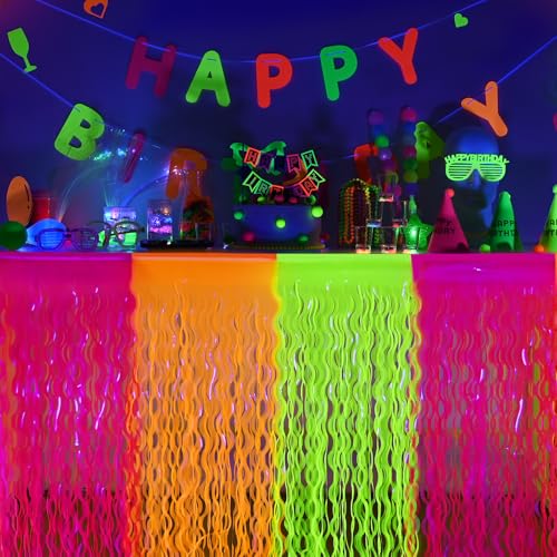 Neon Foil Fringe Table Skirts, 2 Pack Glow in the Dark Party Decorations
