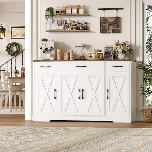 55" Farmhouse Kitchen Buffet Sideboard Cabinet with 3 Drawers & Doors