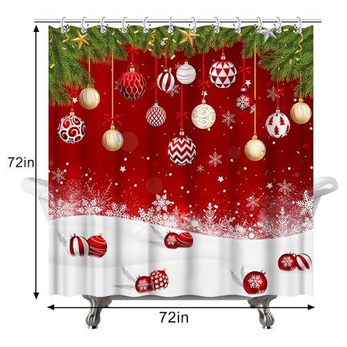 Red Christmas Shower Curtain 72x72 Inches Waterproof Fabric with Hooks