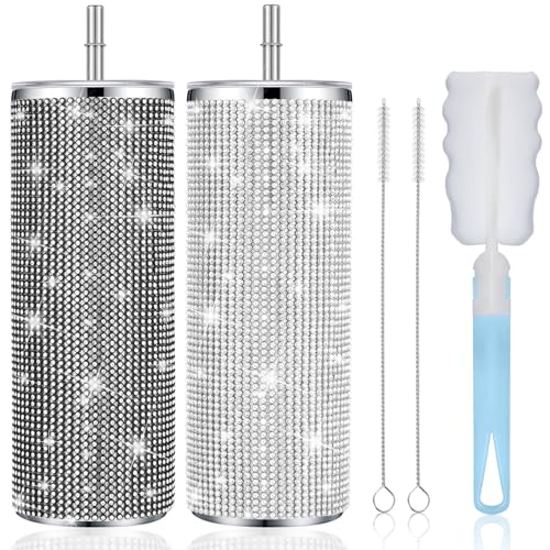 2 Pack 20oz Bling Rhinestone Tumblers - Silver & Black Drinkware Set