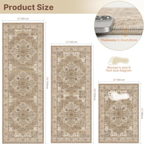 Articosy 3-Piece Boho Kitchen Rug Set with Runner - Washable Non-Slip, Low Pile, Stain Resistant, Beige Cream