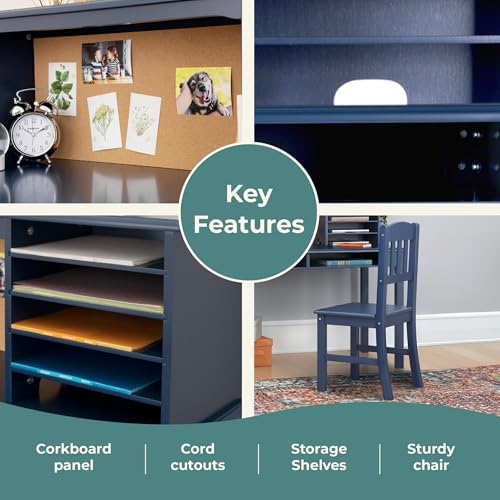 Kids Wooden Desk and Chair Set with Hutch and Storage - Navy