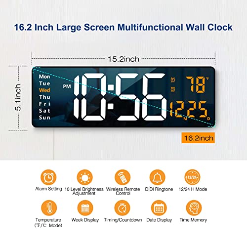 16.2 Inch Large LED Digital Wall Clock with Remote and Temperature Display