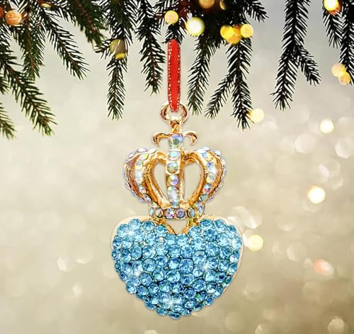 JUESMOS Blue Love Heart Crown Christmas Ornaments with Rhinestones