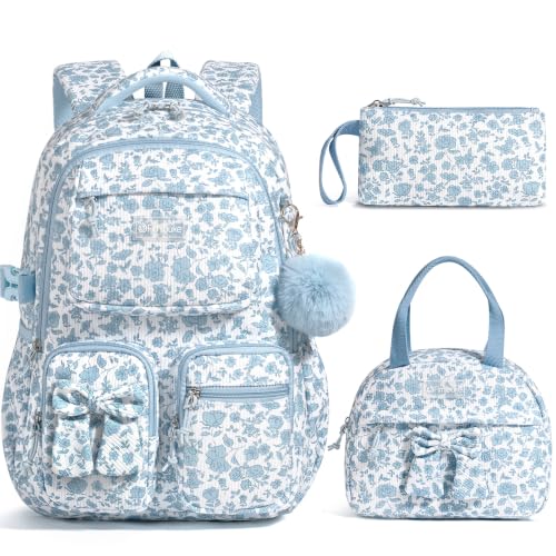 3-Piece Corduroy School Backpack Set for Girls with Lunch Box & Pencil Case