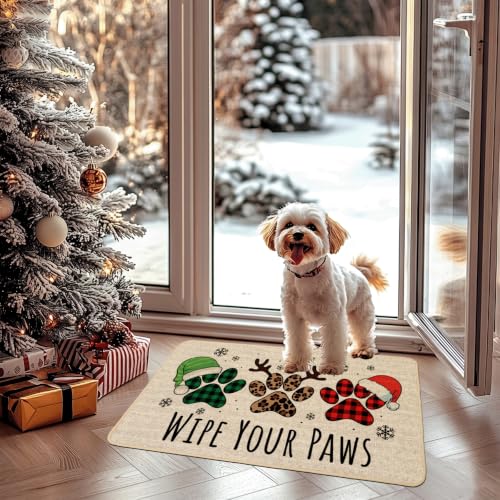 Baccessor Christmas Doormat 17x29 Inch Buffalo Plaid Dog Paws Farmhouse - 3 Dog Paws Variant