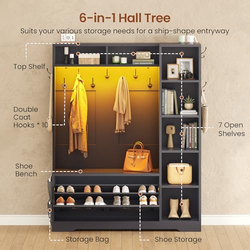 Farmhouse Hall Tree with Bench, Shoe Storage Cabinet and RGB LED Lights
