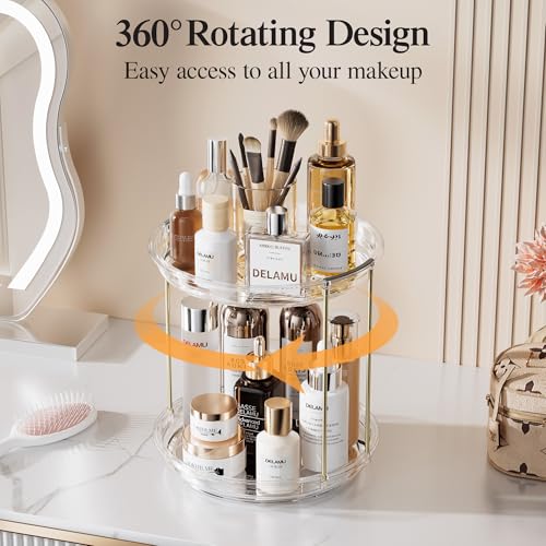 Delamu 2-Tier Rotating Makeup Organizer - 9.3-inch Clear Vanity Storage