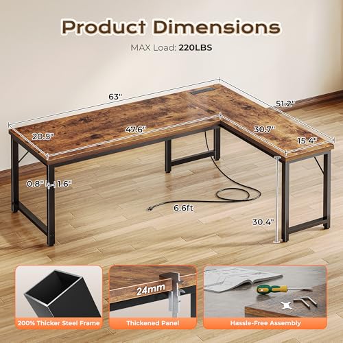 63-Inch L-Shaped Computer Desk with Built-in Power Outlets and USB Ports