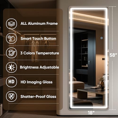 LED Full Length Mirror 58" x 18" Lighted Body Mirror with 3-Color Dimming