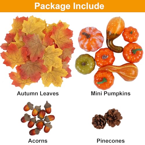 Fall Decorations Set with Mini Pumpkins, Gourds & Leaves - 50 Pieces