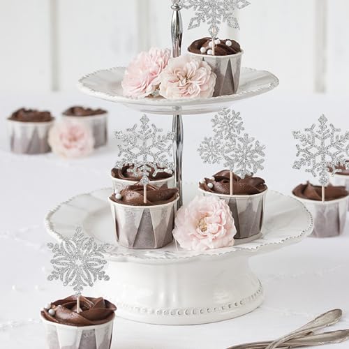 Rsstarxi 36 Pack Snowflake Cupcake Toppers – Silver Glitter Snowflake Picks for Christmas & Winter Parties (Design 6)