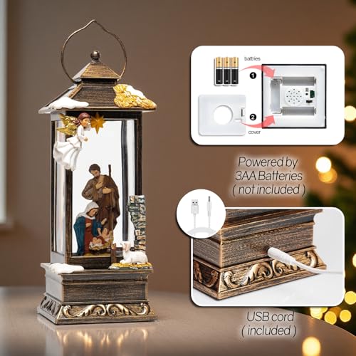 12-Inch Christmas Snow Globe Lantern with Nativity, Angel, Music & LED Light