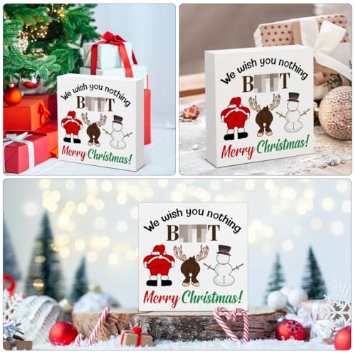 FTRBXT Santa Christmas Bathroom Wooden Box Sign – 5x5 in, Rustic Home Toilet Shelf Wall Decor (C-Christmas Bathroom)