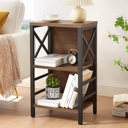3-Tier Industrial Small Bookshelf, Rustic Brown Wood Storage Shelf