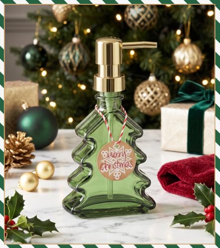 VIMERPA Christmas Tree Soap Dispenser - Green Glass Bathroom Hand & Dish Pump, Refillable Holiday Decor (Variation 1)