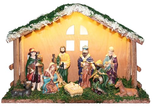 Lighted Christmas Nativity Set with Wooden Stable - 10 Piece Tabletop Decor