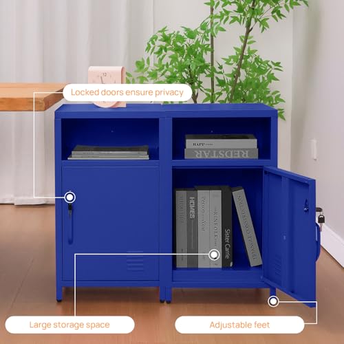 Metal Nightstand with Lockable Cabinet, Industrial Bedside Table in Blue