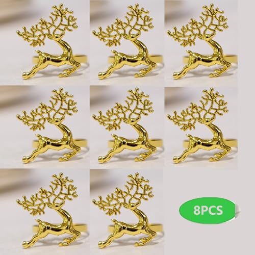 Deer-3 Gold Napkin Rings Set of 8 for Holiday & Christmas Table Decor