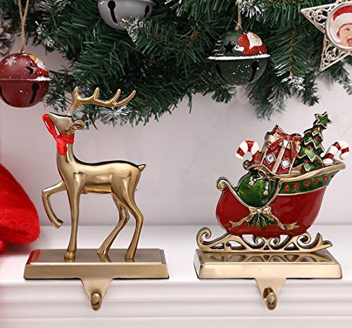 WeddPtyFr 2-Pack Reindeer Stocking Holders Antique Gold | Non-Slip Mantel Hangers