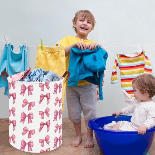 Pink Bow Laundry Basket - Collapsible Waterproof Canvas Nursery Hamper