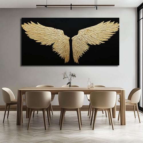 Large Abstract Bird Canvas Wall Art, Black and Gold Minimalist Painting