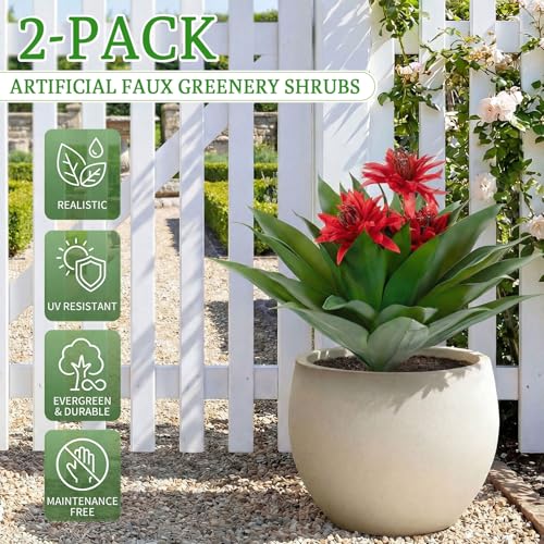 Artificial Agave Topiary Trees with Red Flowers, 27-Inch Outdoor Set of 2
