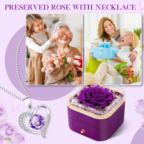 Preserved Real Purple Rose with Heart Necklace Jewelry Box Gift Set