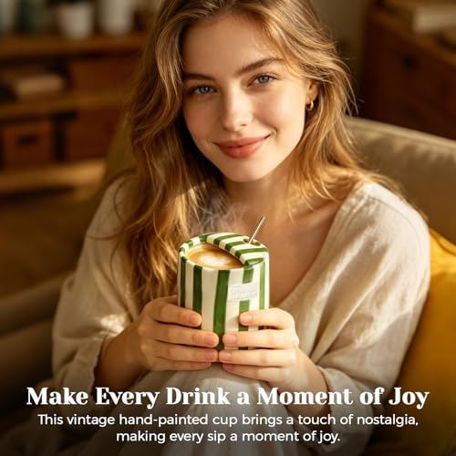 Alasynic Green Vintage Striped Ceramic Travel Mug 10oz - Cute Green Coffee Cup with Sip Hole