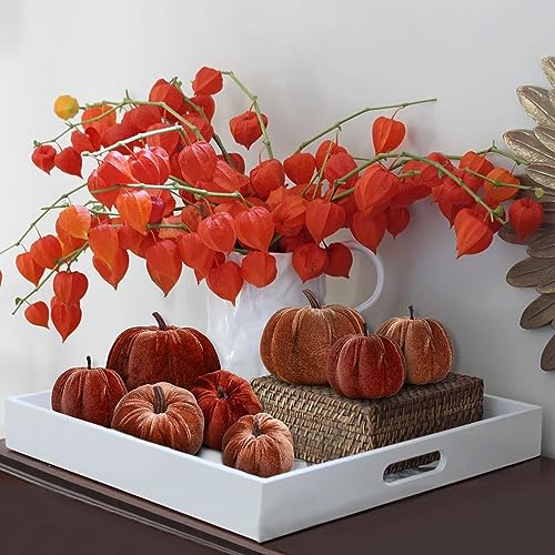 8-Piece Artificial Velvet Pumpkin Set, Brown & Champagne Fabric Fall Decor
