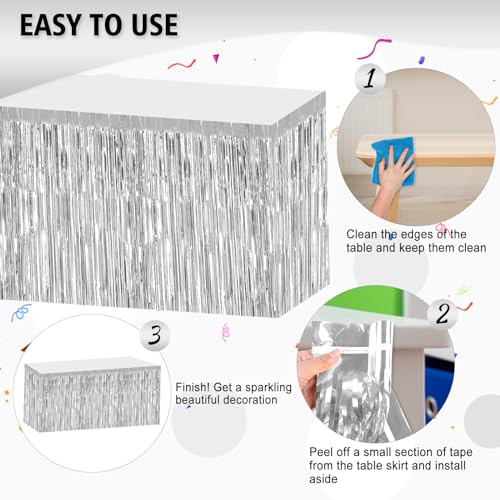 2-Pack Silver Foil Fringe Table Skirts - 29.5 x 108 Inch Disposable Decor