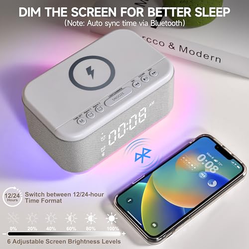 Digital Alarm Clock with Bluetooth Speaker, RGB Night Light & Wireless Charger