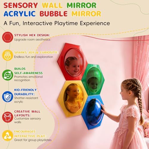 4-Piece Hexagon Sensory Bubble Mirror Set for Kids Playroom Wall Decor
