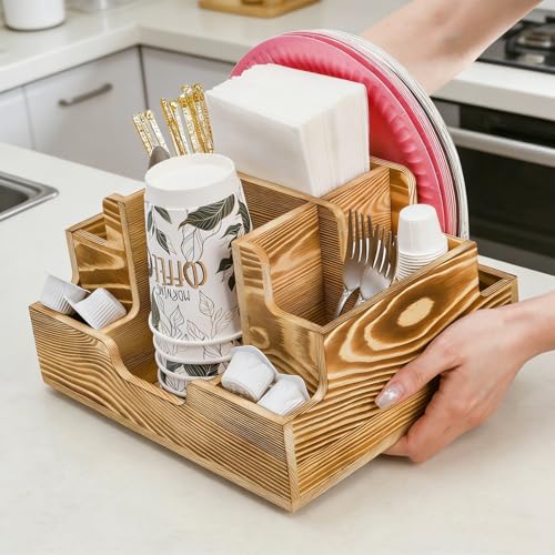 ZAVOOS Paper Plate Dispenser, Wood Rustic Utensil Holder Silverware Caddy for Cups Spoons Forks Napkins, Cutlery Flatware Organizer with 9 Compartments for Party, Kitchen Countertop, Camping, Buffet