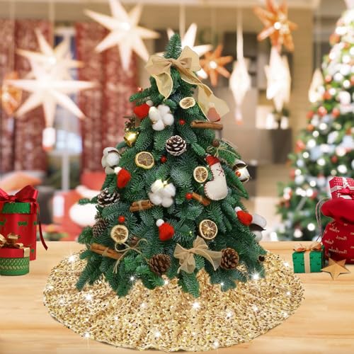 Gold Sequin Velvet Mini Christmas Tree Skirt - 24 Inch Xmas Tree Mat