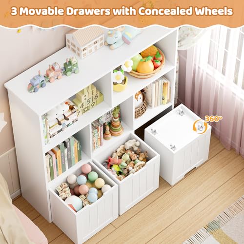 Kids Toy Storage Organizer with 3 Movable Drawers and Bookshelf, White
