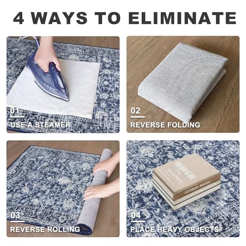 2x6 Floral Washable Runner Rug, Non-Slip Navy Blue Kitchen Hallway Carpet