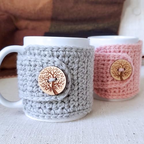 Tree of Life Mug Cozy Sleeves - Set of 2, Grey and Pink Coffee Cup Wraps