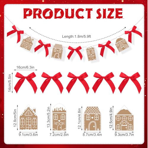 XunYee 5.9ft Christmas Gingerbread House Garland with Red Bows, Reusable Holiday Decor