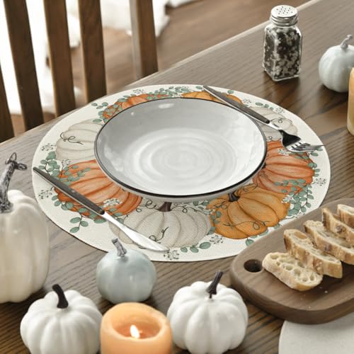 Artoid Mode Pumpkin Eucalyptus Round Fall Placemats Set of 4 - 14 Inch Beige & Orange