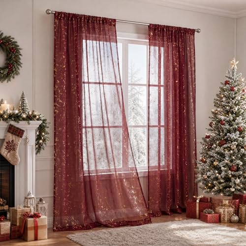 Horaldaily Burgundy & Gold Christmas Sheer Curtains 52x84in Set of 2