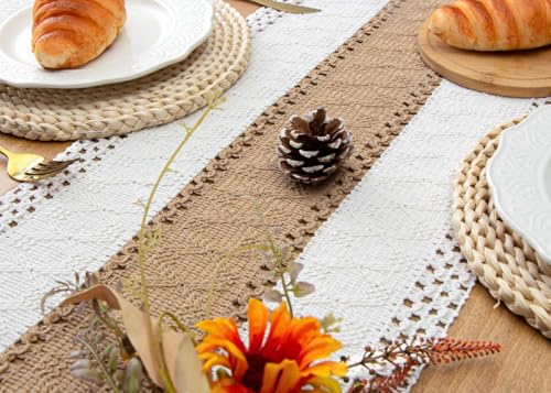 FEXIA Cream & Brown 12x72 Boho Table Runner – Fall Farmhouse Woven