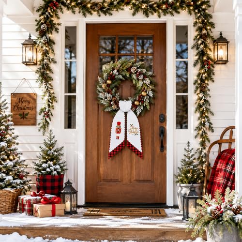 Christmas Wreath Sash Set - White Embroidered & Red Buffalo Plaid Ribbons - Holiday Door Decor - Variation: Red Black Plaid / 1 Set