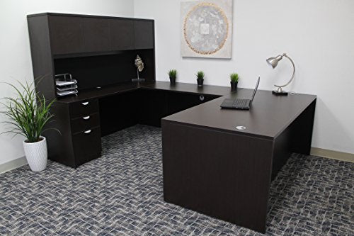 71-Inch Executive U-Shape Desk with Hutch and File Storage - Mocha Wood